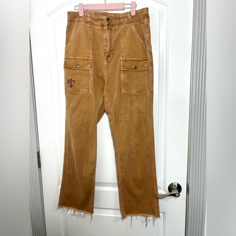 PILCRO Anthropologie Wide Leg Mushroom Design Carpenter Pants size 30 boho retro